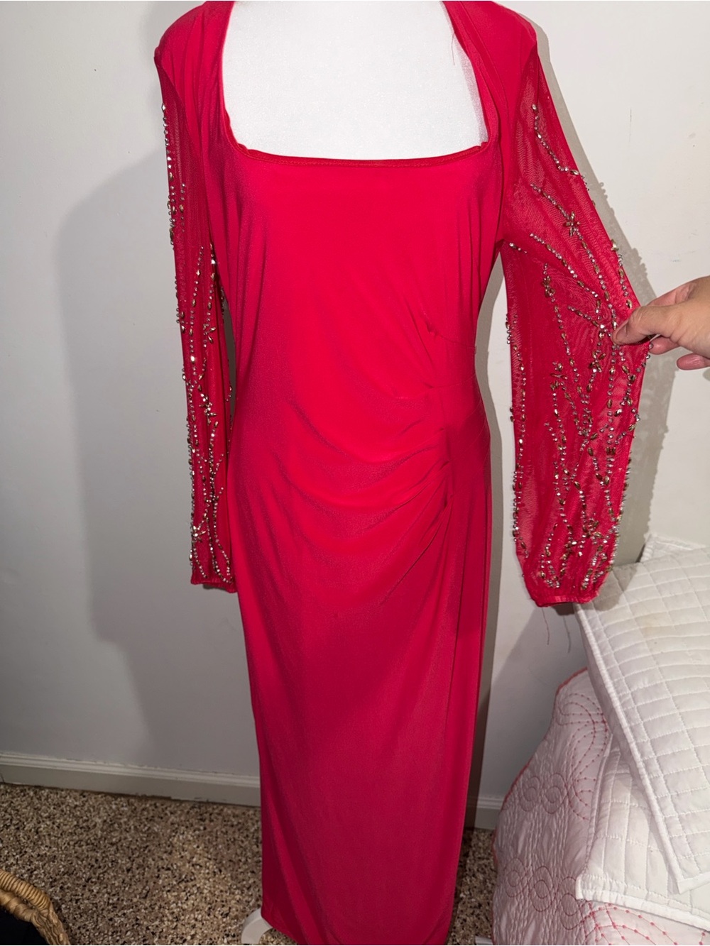 MARINA Red Beaded Long-Sleeve Square Neck Gown